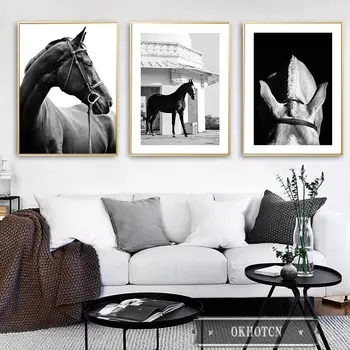 Preto Branco Cavalos de Arte de Parede de Lona da Pintura de Animais Cartazes e Estampas Decorativas Modular Fotos de Sala de estar