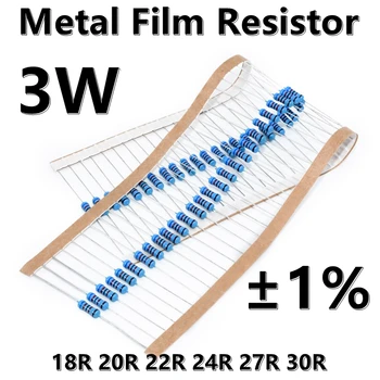 (10pcs) 3W de resistores de Filme de Metal de 1% cinco anel de cor resistor de precisão 18R 20R, 22R 24R 27R 30R ohm Ω