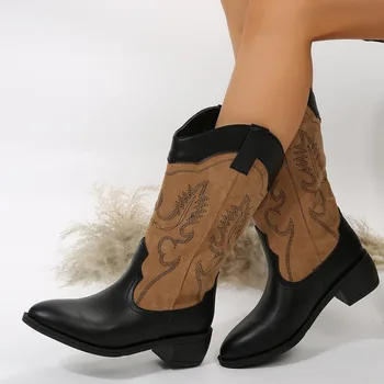 Sapatos para as Mulheres 2023 Novo Meados de Bezerro Botas femininas Retro Moderno Botas de Mulheres de Correspondência de Cores de Bordados Slip-on Med Calcanhar Sapatos de Senhoras