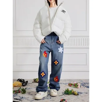 Calças de brim dos Homens e mulheres da High Street Criativo carta pétala bordado jeans atmosfera vento solta a perna reta ampla calças