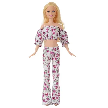 Roxo Floral Puff Manga de Camisa, Calças de 1/6 BJD Boneca de Roupas Para Bonecas Barbie Acessórios Superior Calças 11.5