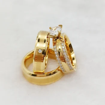 3pcs de Noiva Promessa de Casamento, Anéis de Noivado Conjuntos Para Casais EUA Estilo de Amor de Aliança banhada a Ouro de 24k Jóias Anelli