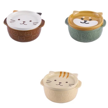 Desenho Animado Japonês De Cerâmica Do Gato Cão Tigelas De Macarrão Com Tampas Animal Bonito De Sopa De Salada De Frutas Bacia De Cozinha, Serviço De Mesa
