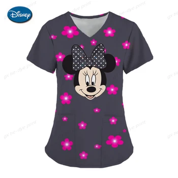 Minnie Mouse Tops Bolso de Mulher Roupa de Verão T-shirt do Mickey Hospital de T-shirts Disney Enfermeira de Uniforme Mulheres 2023 V Neck T