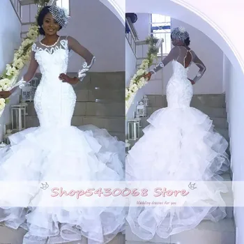 2020 Sexy Sheer Ver Através Africana De Casamento Vestidos De Mangas Compridas E Costas Abertas Com Camadas De Saias Nigeriano De Noiva, Vestidos De Casamento